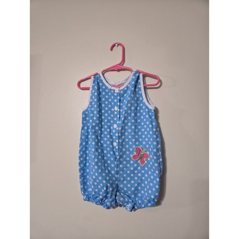 Y2K Small Steps 2T Blue Polka Dot Butterfly Embroidered Bubble Romper 90s